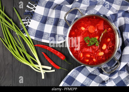 Köstliche rote Beete rote Suppe mit weißen Bohnen oder Borschtsch in Edelstahl Kasserolle Pfanne mit Handtuch, Chili und Frühlingszwiebeln auf Tisch, authentische recip Stockfoto