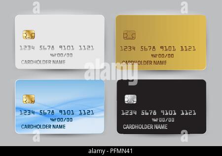 Schwarz, Weiß, Gold und Blau Wave Bank Card leer Modell Vorlage Draufsicht mit Schatten auf transparent gesetzt backgroundcollection isoliert. Vector Illustration Stock Vektor