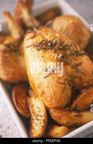 Gebratenes Hähnchen auf einem Bett von Bratkartoffeln, bestreut mit Rosmarin Blätter und grobem Salz, in einem weißen Teller serviert, hohe Blickwinkel betrachten. Stockfoto