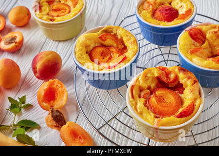 Französische Sommer dessert Gebackene Aprikosen clafoutis in Förmchen auf einem Rack und auf einem weißen Tisch mit frischen Aprikosen, Ansicht von oben Stockfoto