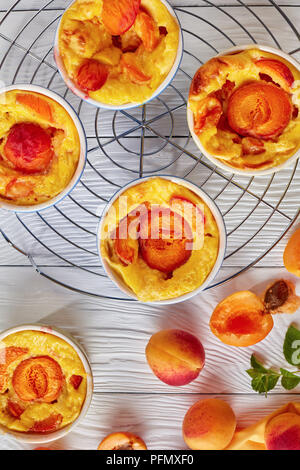 Köstliche französische Sommer dessert Gebackene Aprikosen clafoutis in Förmchen auf einem Rack und auf einem weißen Tisch mit frischen Aprikosen, Ansicht von oben, Stockfoto