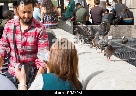 Touristen außerhalb ein Cafe auf der South Bank, mit Tauben und Stare scavenging Essen, London, UK. Stockfoto