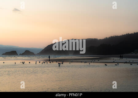 Cannon Beach bei Dämmerung mit Menschen Silhouetten und Rammstein entlang der Küste. Ecola State Park im Hintergrund. Oregon Coast, US Route 101, US Stockfoto