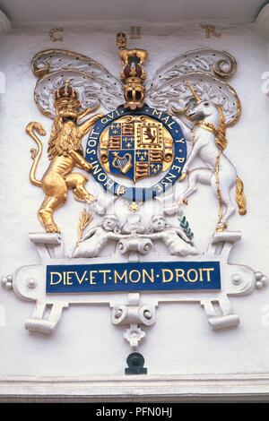 England, Ipswich, das alte Haus, Löwe und Einhorn Pargeting Wappen im 15. Jahrhundert Stockfoto