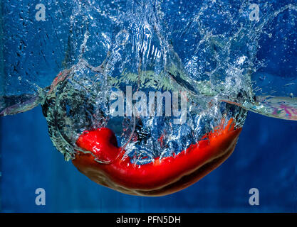 Red Paprika in Wasser fallen mit Splash Stockfoto