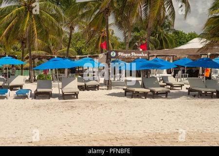 Tulum, Mexiko - 12. August 2018: Pancho Villa Hotel am Strand von Tulum. Stockfoto