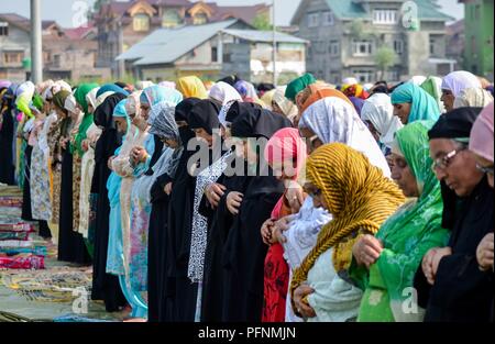 August 22, 2018 - Srinagar, J&K, -kaschmirische Muslime während des Eid al-Adha, hat keine bestimmte Gebete gesehen. Das Festival der Eid al-Adha, hat keine bestimmte Zeitdauer und war mit religiösem Eifer in Jammu und Kaschmir gefeiert. Muslime aus allen Lebensbereichen ein beeline für Eidgahs (Gebet) und Moscheen Eid Gebete zu bieten. Auseinandersetzungen ausgebrochen zwischen Kaschmirischen Demonstranten und den Sicherheitskräften in einigen Teilen der Kaschmir-tal unmittelbar nach dem Eid Gebete endete, die gegen die Inder Regel protestierten. Credit: Saqib Majeed/SOPA Images/ZUMA Draht/Alamy leben Nachrichten Stockfoto