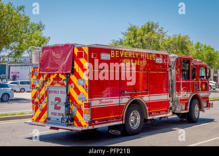 Los Angeles, Kalifornien, USA, August, 20, 2018: Outdoor Ansicht der Feuerwehrmann Lkw in der 5th Street - Downtown Los Angeles Stockfoto