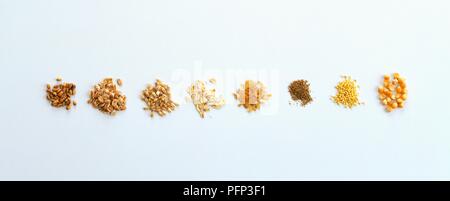 Stapel von Getreide, Mais, Hirse, Zuckerrohr, Reis, Hafer, Gerste, Roggen, Weizen Stockfoto