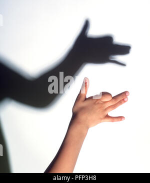 Hand Hund Form widerspiegelt als Schatten an der Wand Stockfoto