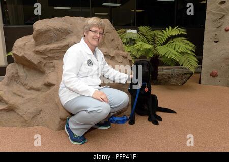 SAN DIEGO (23. Mai 2018) Naval Medical Center San Diego (NMCSD) Nurse practitioner und Canine handler Annelise Braun wirft mit Helena, neue Anlage pflege Hund der Lazarett. Helena ist zwei Jahre alt und ist bereits ein Veteran in der Unterstützung des ärztlichen Personal und emotionale Unterstützung der Patienten mit Hirn trauma Verletzung und Patienten, die eine Behandlung in der umfassenden und komplexen Unfallversicherung Care (C5). Helena wurde angehoben und durch Freiwillige ausgebildet, um eine service Hund zu sein und trägt eine einzigartige blaue Hunde- Abzeichen, dass Ihr unterscheidet als Teil eines Veteranen Initiative auf ein groß Stockfoto