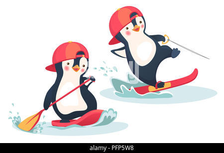 Pinguin schwimmen auf SUP Board. Pinguin Wasserski. Paddle Board. Wassersport und Aktivitäten Abbildung Stockfoto