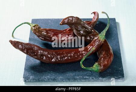 Getrocknete Pasilla (Capsicum annuum) chili Pfeffer auf schwarzen Fliesen Stockfoto