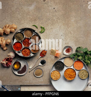 Auswahl der indischen Küche Zutaten, Gewürze, Linsen, Kräuter, auf Runde Metall Gerichte angeordnet Stockfoto