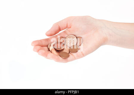 Hand, 1 Cent und 2 Cent Münzen Stockfoto