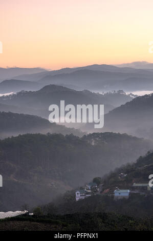 Greats Himmel und Wolken der Landschaft mit Nebel in der Dämmerung, Sonnenaufgang, Sonnenuntergang. pine Wald im Nebel mit Sonnenstrahlen, Sonnenschein Stockfoto