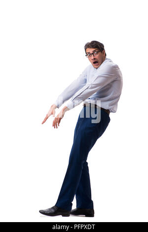 Junge Puppe Geschäftsmann auf weißem Hintergrund Stockfoto