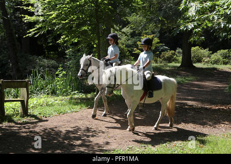 Zwei Kinder reiten Ponys entlang Wald Weg weiß Stockfoto