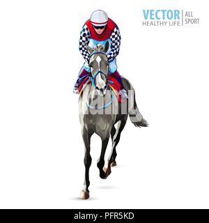 Jockey auf dem Pferd. Champion. Pferderennen. Das hippodrom. Rennstrecke. Springen Rennstrecke. Reiten. Racing Pferd erste kommen Linie zu beenden. Auf weissem Hintergrund. Vector Illustration Stock Vektor
