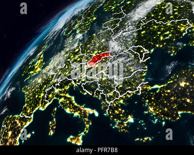 Die Slowakei auf dem Planeten Erde bei Nacht mit sichtbaren Grenzen. 3D-Darstellung. Elemente dieses Bild von der NASA eingerichtet. Stockfoto
