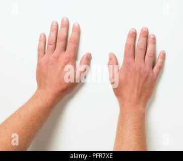 Paar männliche Hände, die Handflächen nach unten Stockfoto