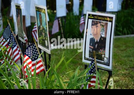 Knie-hohen Banner, Bilder der Gefallenen service Mitglieder hinzufügen, um die Verehrung der jährlichen Survivor aufsuchende Dienste Butterfly Release 24.Mai am Fort Lee's Memory Garten. Mehr als 20 Gold Star Ehegatten und Familien wurden auf der Veranstaltung von einer großen Menge von Befürwortern und Installation Führer der Gemeinschaft beigetreten. Stockfoto