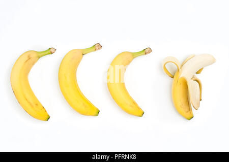 Drei Bananen mit Ihrer Haut, und einer geschälten Banane Stockfoto