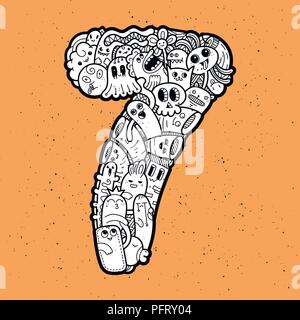 Nummer sieben. Hand doodled Kinder Zahlen gezogen. Cute monstred Zahlen, mathematische Symbole. Vector Illustration für Web, Design, Dekoration, Bildung, Drucke Stock Vektor