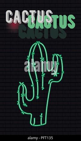 Die Werbung eines neon Kaktus auf eine Mauer aus Stein Stock Vektor