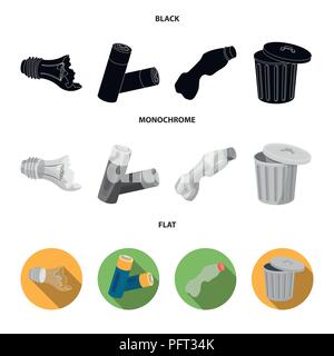 Defekte Glühbirne, Batterien verwendet und brach eine Plastikflasche, Müll kann mit Zeichen. Müll und Abfall set Sammlung Icons in Schwarz, flach, monochrom Stock Vektor