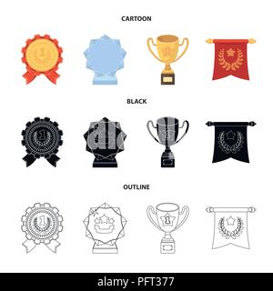 Eine olympische Medaille für den ersten Platz, eine Kristallkugel, eine goldene Schale auf einem Ständer, einem roten Anhänger. Auszeichnungen und Trophäen set Sammlung Icons im Cartoon, schwarz, o Stock Vektor