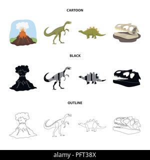 Vulkanausbruch, gallimimus, Stegosaurus, Dinosaurier Schädel. Dinosaurier und prähistorischen Periode set Sammlung Icons im Cartoon, schwarz, Outline style Vektor Stock Vektor