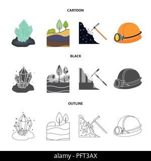 Kristalle, Kohleflöz, Pickel, Helm mit einer Laterne. Meine Sammlung Icons im Cartoon, schwarz, Outline style Vektor Symbol lieferbar Abbildung. Stock Vektor