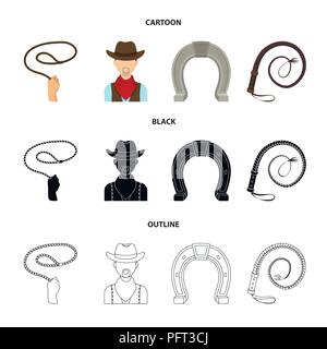 Hand Lasso, Cowboy, Hufeisen, Peitsche. Rodeo set Sammlung Icons im Cartoon, schwarz, Outline style Vektor Symbol lieferbar Abbildung. Stock Vektor