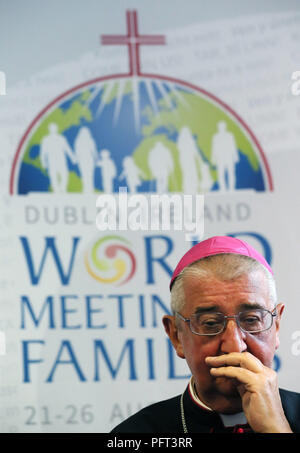 Erzbischof Diarmuid Martin, Erzbischof von Dublin und Präsident des Welttreffens der Familien 2018, während einer Pressekonferenz in Dublin RDS während des Welttreffens der Familien. Stockfoto