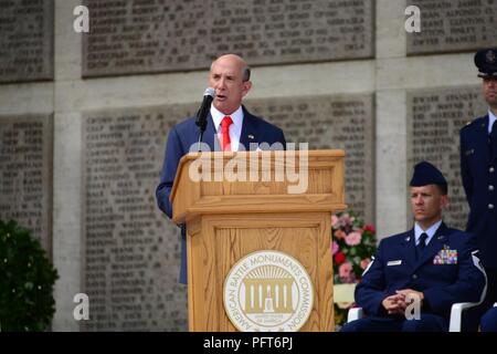Der Botschafter der Vereinigten Staaten von Amerika Herr Lewis M. Eisemberg spricht während des Memorial Day Feier in Florenz amerikanischen Friedhof und Denkmal, Florenz, Italien, 28. Mai 2018. Stockfoto