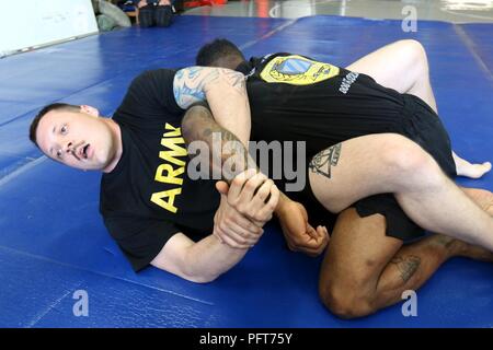 Sgt. Corey Sones, Network Operations noncommissioned Officer mit dem Dritten Infanterie Division der entschlossenen Unterstützung Sustainment Brigade, demonstriert eine Rückwärts gebogene armbar von der Wache während einer combatives Level 1 Zertifizierung Kurs am Flughafen Bagram, Afghanistan, am 27. Mai. Sones war der primäre Ausbilder für den Kurs. " Combatives ist die Wissensdatenbank, die für die Soldaten so zu vermitteln, wenn Sie in einen Bereich gehen und sie Hand-auf-Hand zu bekämpfen, sie wissen, wie sie überleben, sich selbst zu schützen, den Kampf beenden und den Gegner dominieren", Sones sagte. Stockfoto