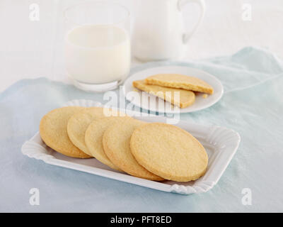 Butter Kekse serviert auf Platter und Dessertteller mit Glas Milch Stockfoto