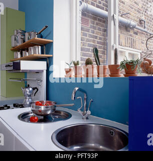 Reihe von Kakteen in blumentöpfe der Fensterbank über Spülbecken Stockfoto