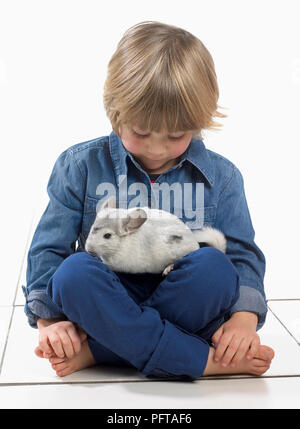 Junge sitzt mit einem Chinchilla auf seinem Schoß, 3 Jahre Stockfoto