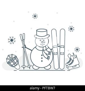 Winter im Freien genießen können. Schneemann mit Ski- und Hockey Ausrüstung. Vektor cartoon Skifahrer Symbol. Design für Werbung von aktiven Lebensstil. Stock Vektor