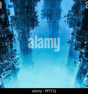 Space Colony Türme/3D-Darstellung der Dunklen futuristischen Stadt in Wolken gehüllt Stockfoto