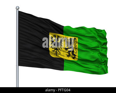 Stadt Flagge auf Fahnenmast Ninove, Belgien, isoliert auf weißem Hintergrund Stockfoto