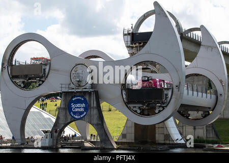 Falkirk, Großbritannien - 09 August 2018: Das Falkirk Wheel mechanische Kanal heben Anschließen der Union Canal auf die Forth und Clyde Kanal Stockfoto