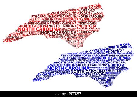 Skizze North Carolina (Vereinigte Staaten von Amerika) schreiben Text Karte, North Carolina Karte - in der Form des Kontinents, Karte North Carolina - Rot und Blu Stock Vektor