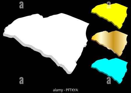 3D-Karte von South Carolina (Vereinigte Staaten von Amerika, der Palmetto State) - weiß, gelb, blau und gold-Vector Illustration Stock Vektor