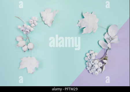 Weißer Rahmen mockup mit Kürbis, Beeren und Blätter auf Türkis und Violett pastell Papier Herbst Hintergrund. Grußkarte zum Erntedankfest in Rust Stockfoto