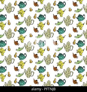 Nahtlose Muster mit Teekannen, Tassen als Wallpaper, Geschenkpapier und Gästebuch. Vector Illustration. Stock Vektor