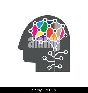 Der künstlichen Intelligenz und des Maschinellen Lernens Logo Konzept. Menschlichen Kopf mit Gehirn Symbol. Vektor symbol AI. Gehirn Logo Vorlage Stock Vektor