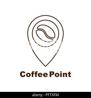 Minimalistischer Vektor logo für Coffee Shop. Schriftzug mit Coffee Bean und Navigation mark Stock Vektor